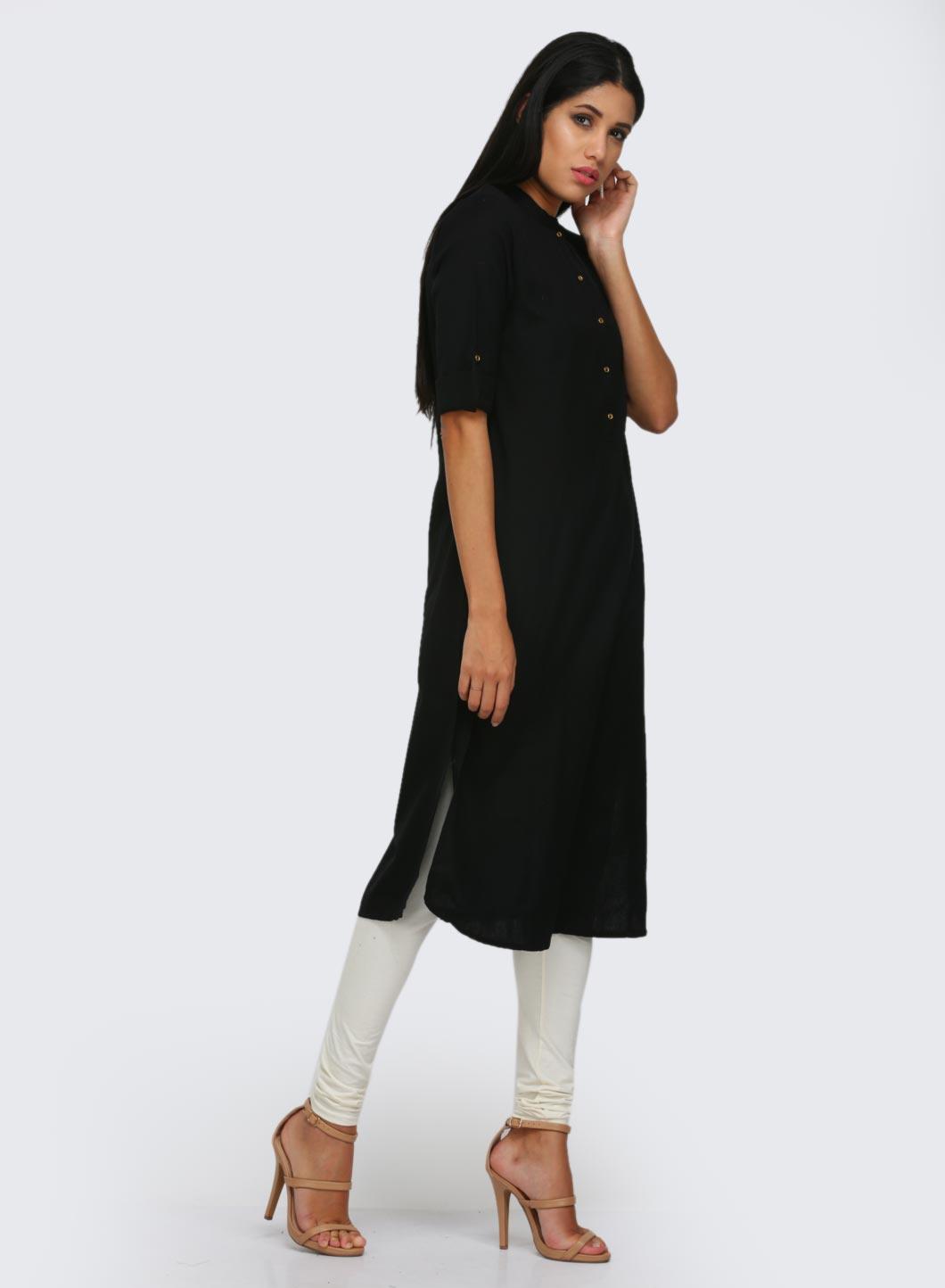 Black Solid Mandarin Neck kurta - wforwoman