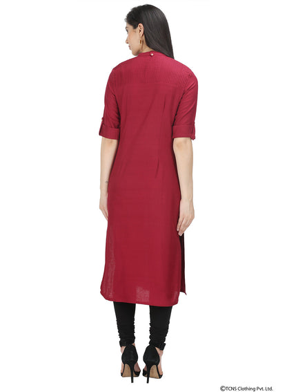 Maroon Mandarin Neck Solid kurta