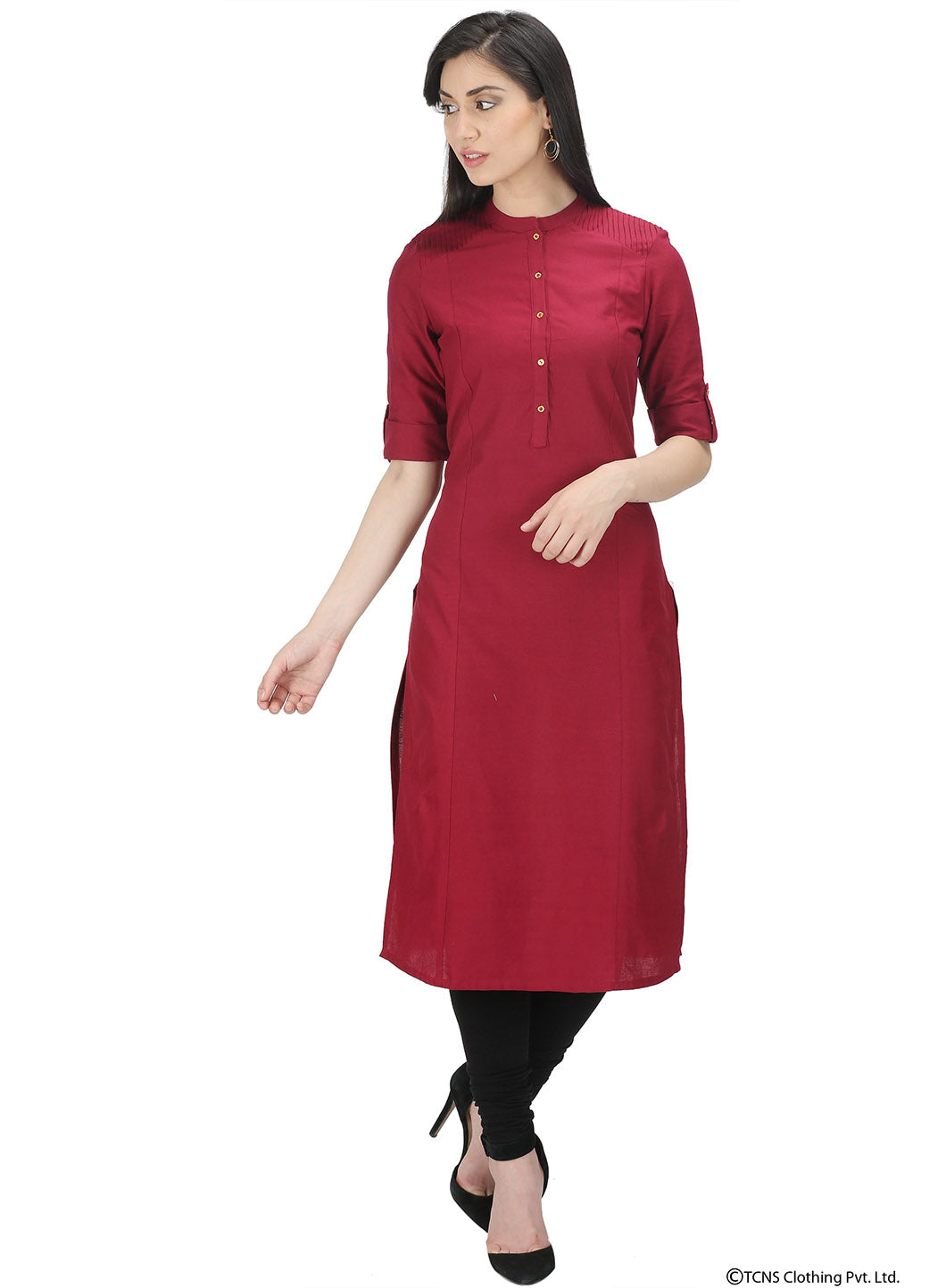 Maroon Mandarin Neck Solid kurta