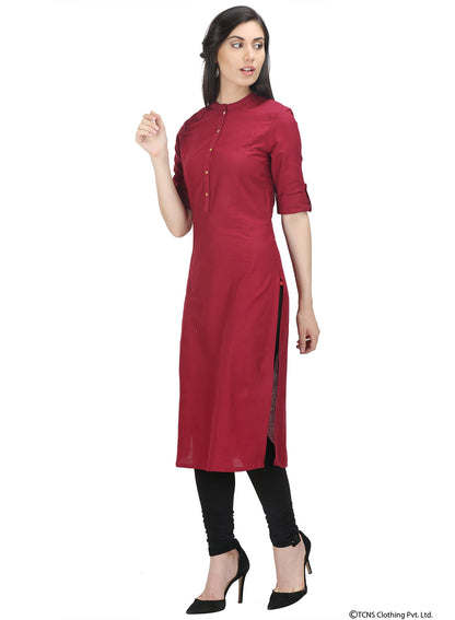 Maroon Mandarin Neck Solid kurta