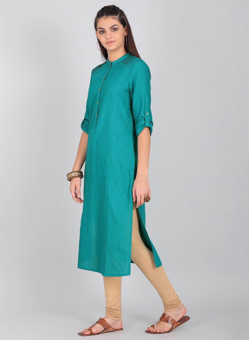 Green Mandarin Neck Solid kurta - wforwoman