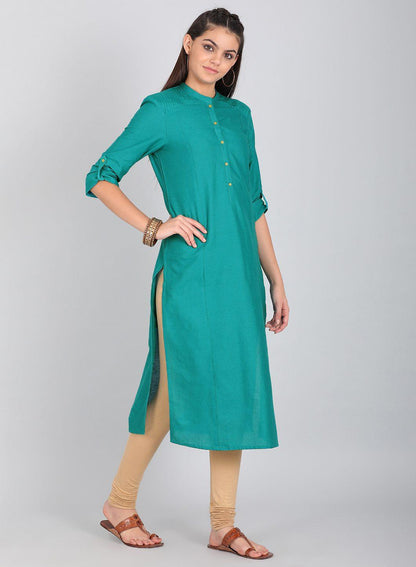 Green Mandarin Neck Solid kurta - wforwoman