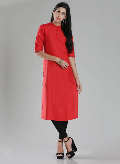 Brick Red Mandarin Neck 3/4 Sleeve kurta - wforwoman