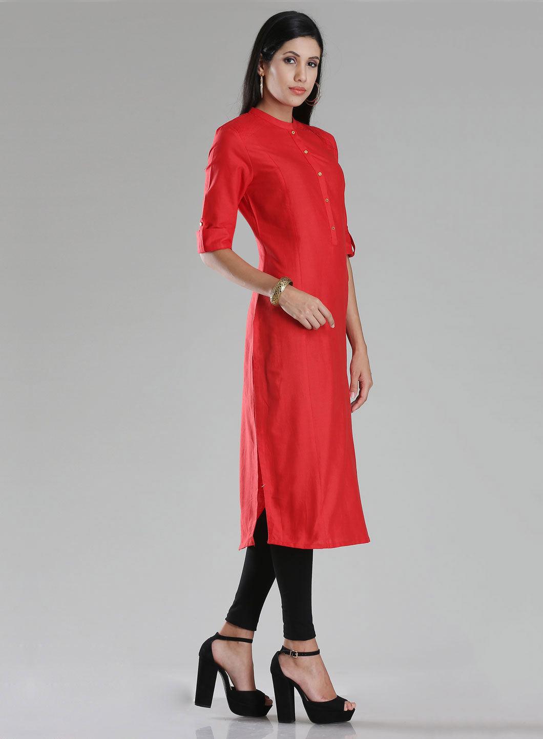 Brick Red Mandarin Neck 3/4 Sleeve kurta - wforwoman