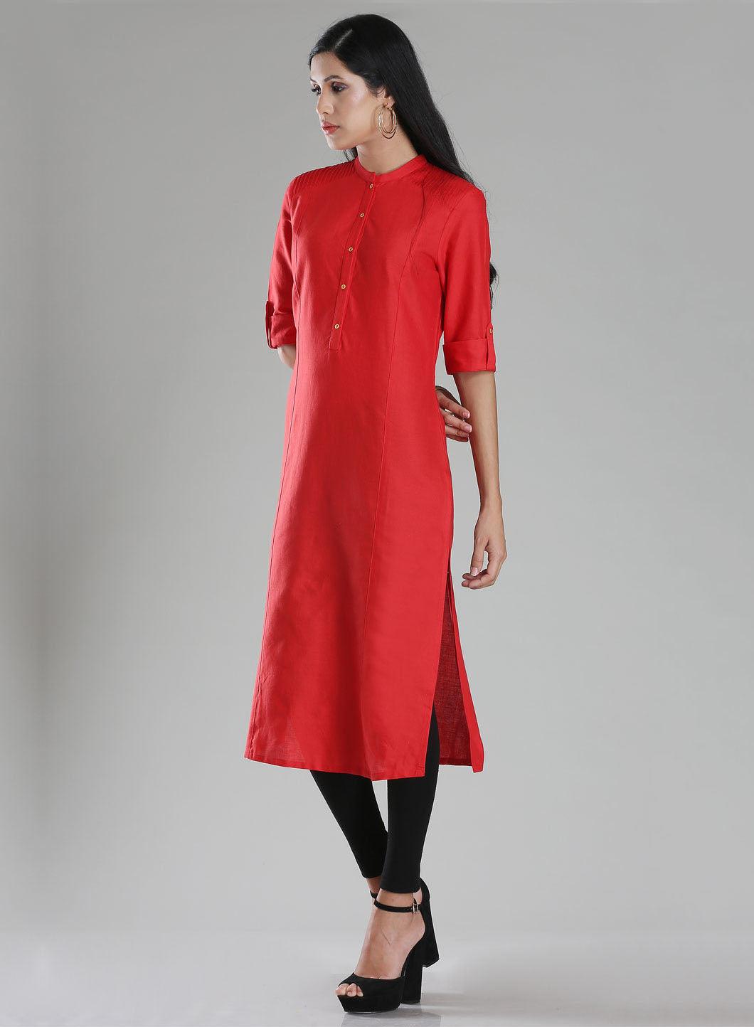 Brick Red Mandarin Neck 3/4 Sleeve kurta - wforwoman