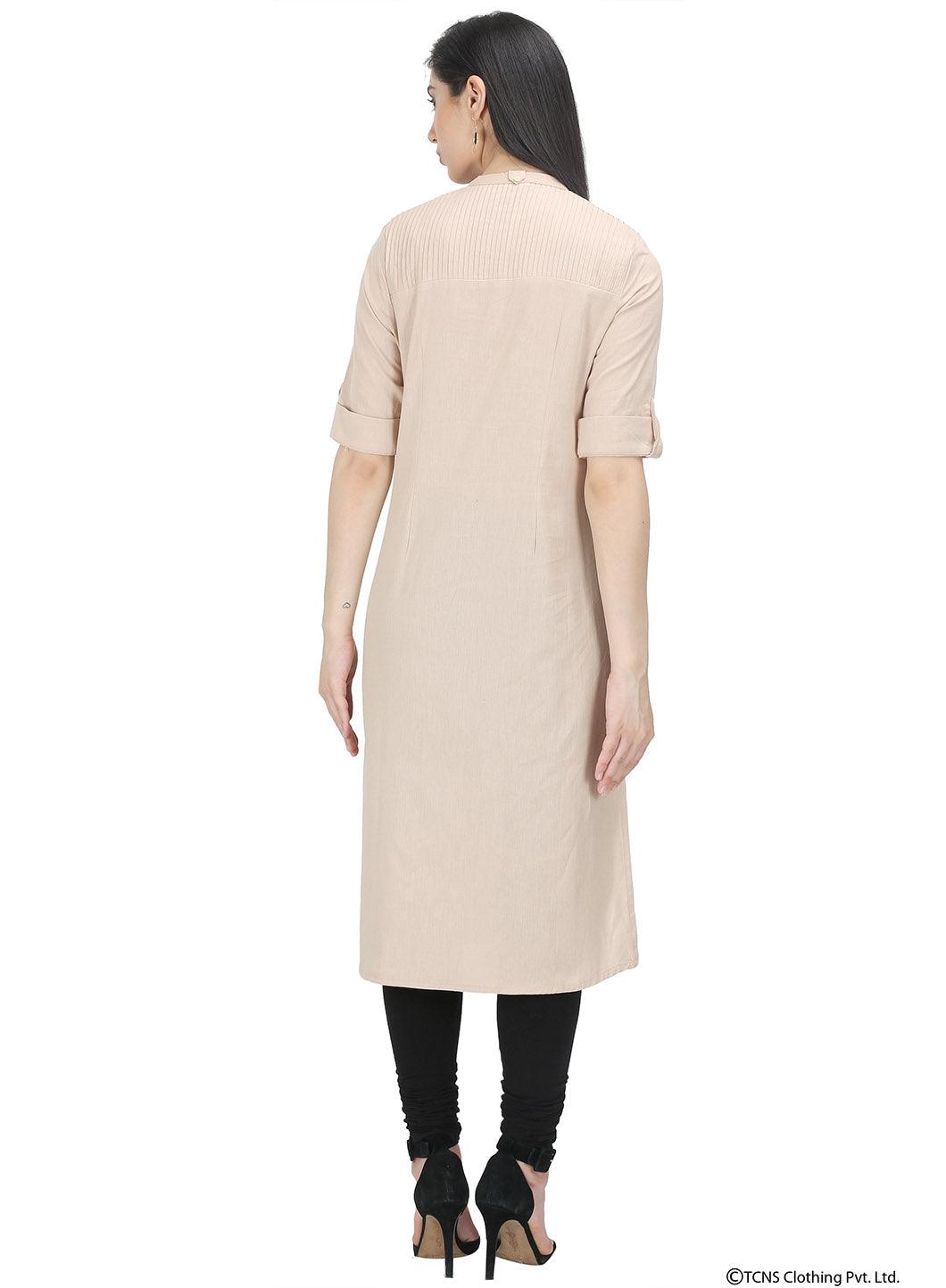 Beige 3/4 Sleeve Mandarin Neck kurta - wforwoman