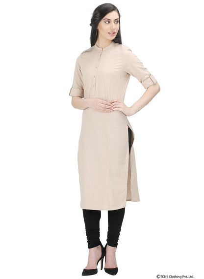 Beige 3/4 Sleeve Mandarin Neck kurta - wforwoman