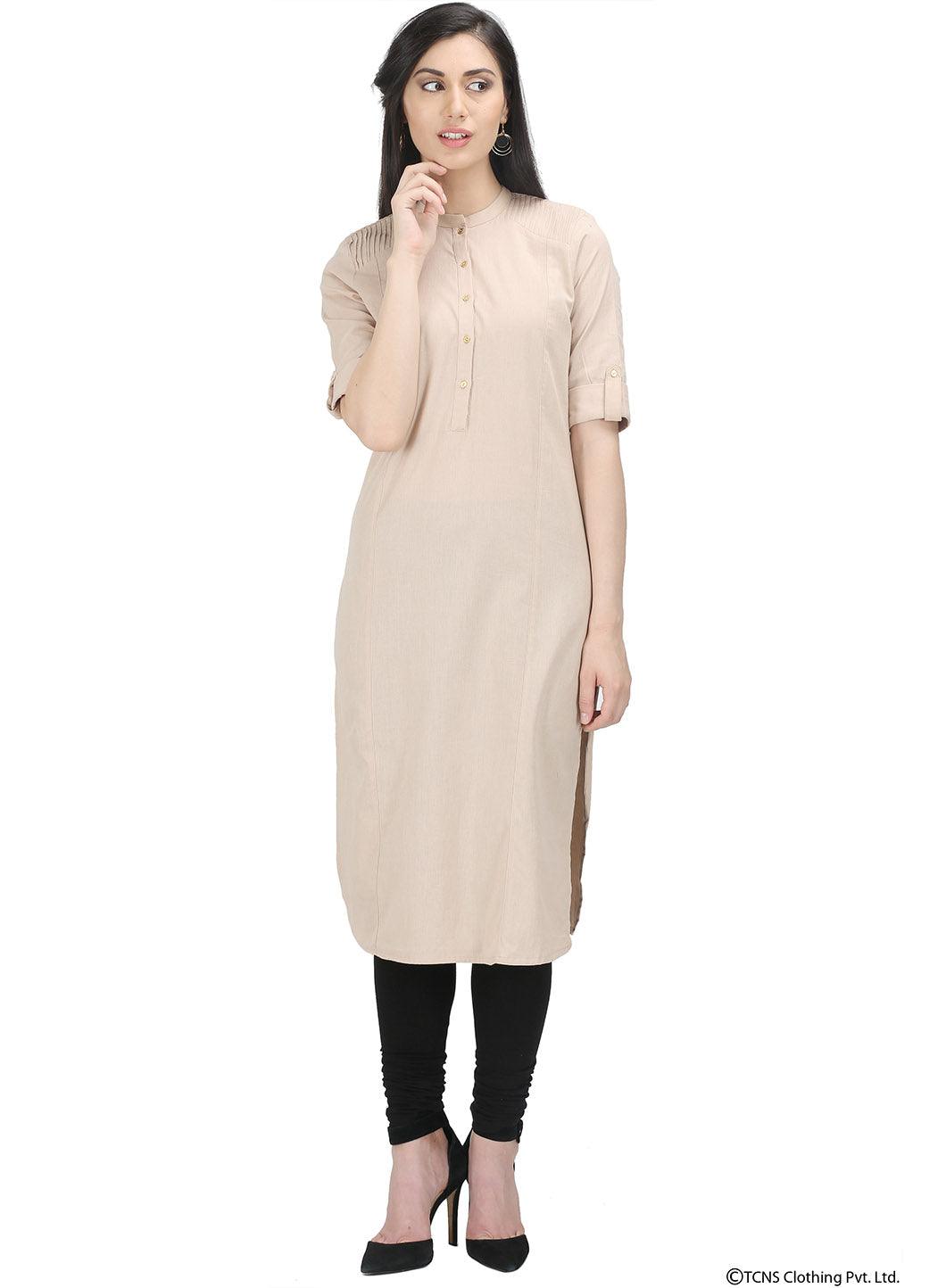 Beige 3/4 Sleeve Mandarin Neck kurta - wforwoman