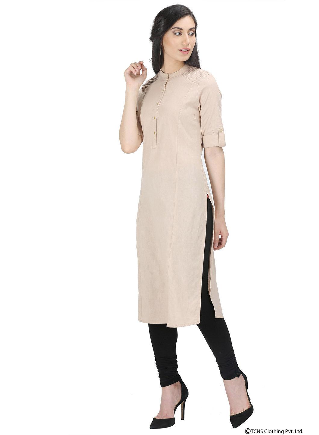 Beige 3/4 Sleeve Mandarin Neck kurta - wforwoman