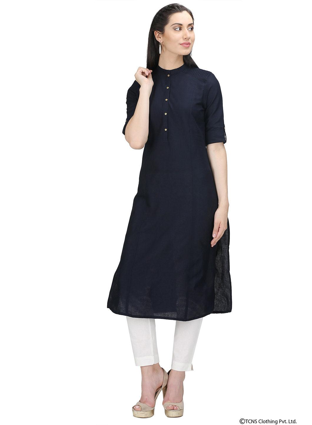 Blue 3/4 Sleeve Mandarin Neck kurta - wforwoman