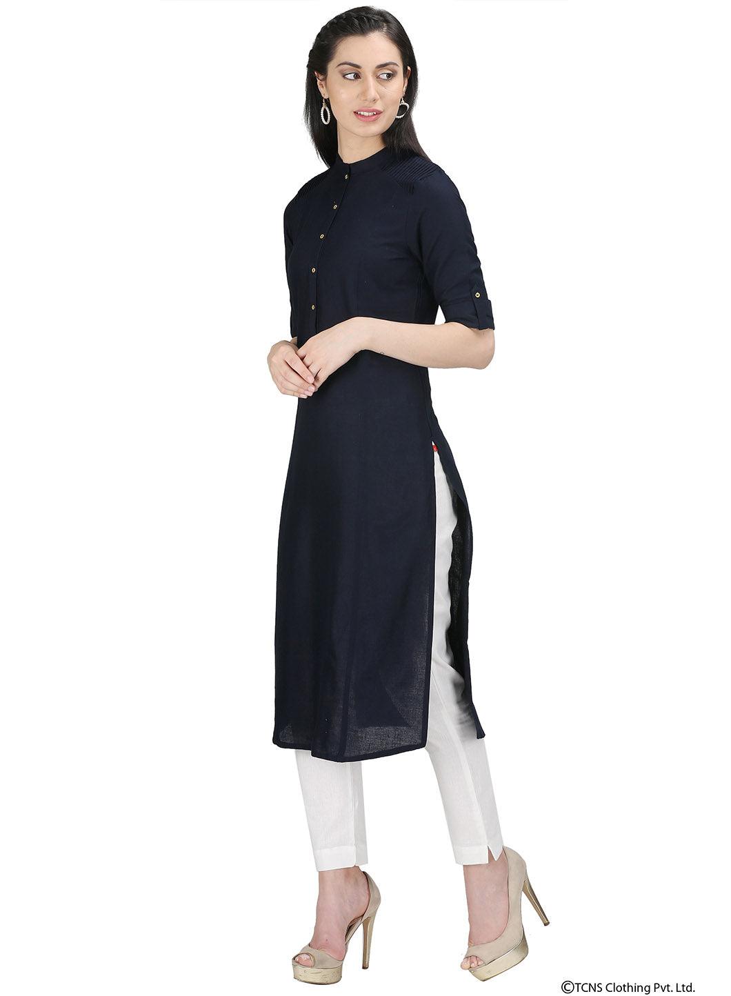 Blue 3/4 Sleeve Mandarin Neck kurta - wforwoman