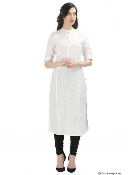 White 3/4 Sleeve Mandarin Neck kurta - wforwoman