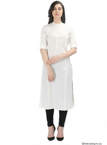 White 3/4 Sleeve Mandarin Neck kurta - wforwoman