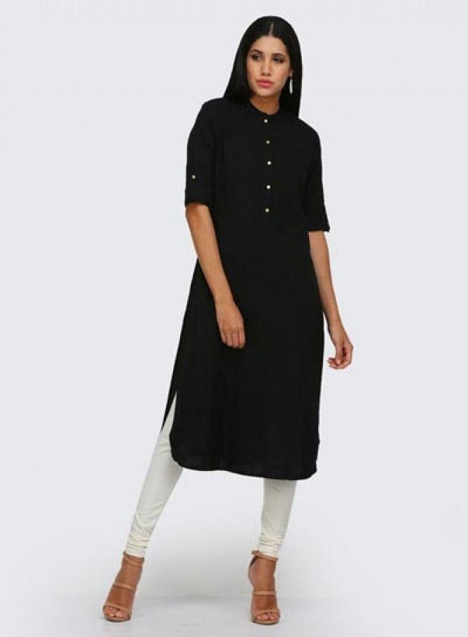 Black Solid Mandarin Neck kurta - wforwoman