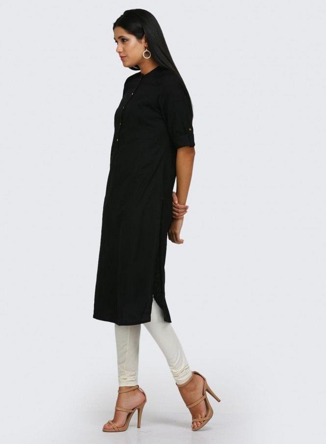 Black Solid Mandarin Neck kurta - wforwoman