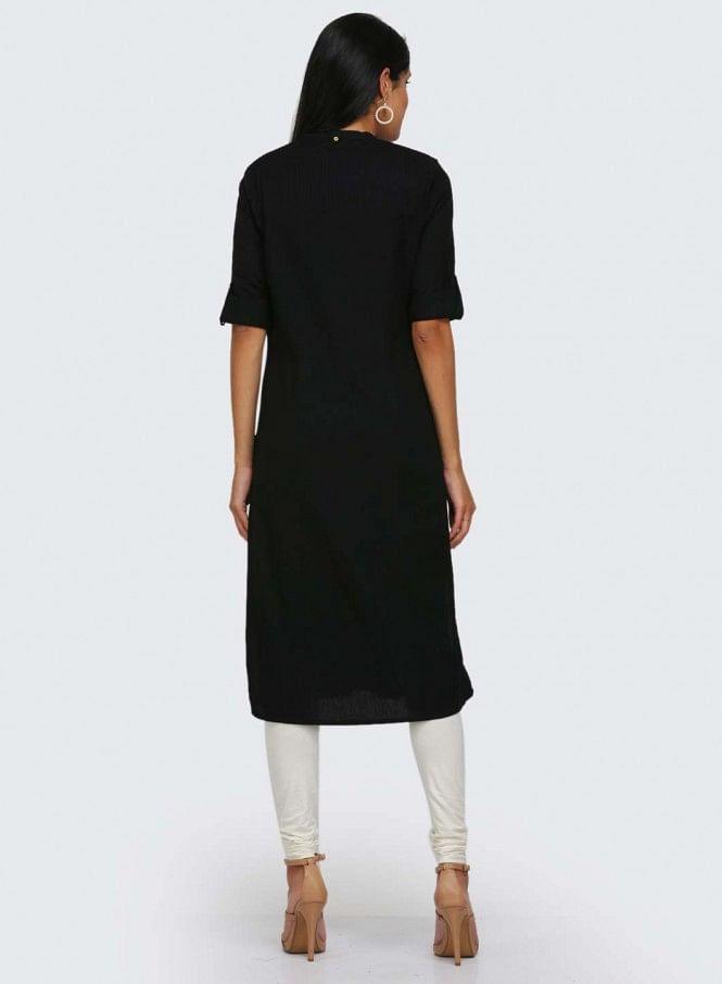 Black Solid Mandarin Neck kurta - wforwoman