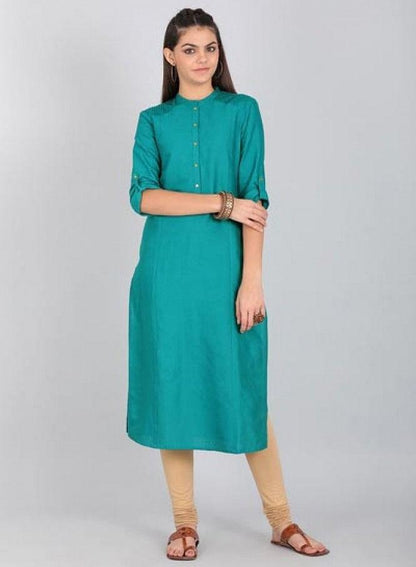 Green Mandarin Neck Solid kurta - wforwoman