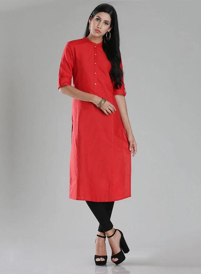 Brick Red Mandarin Neck 3/4 Sleeve kurta - wforwoman