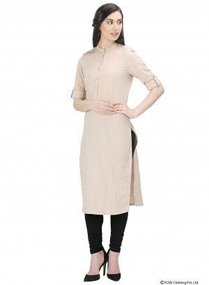 Beige 3/4 Sleeve Mandarin Neck kurta - wforwoman