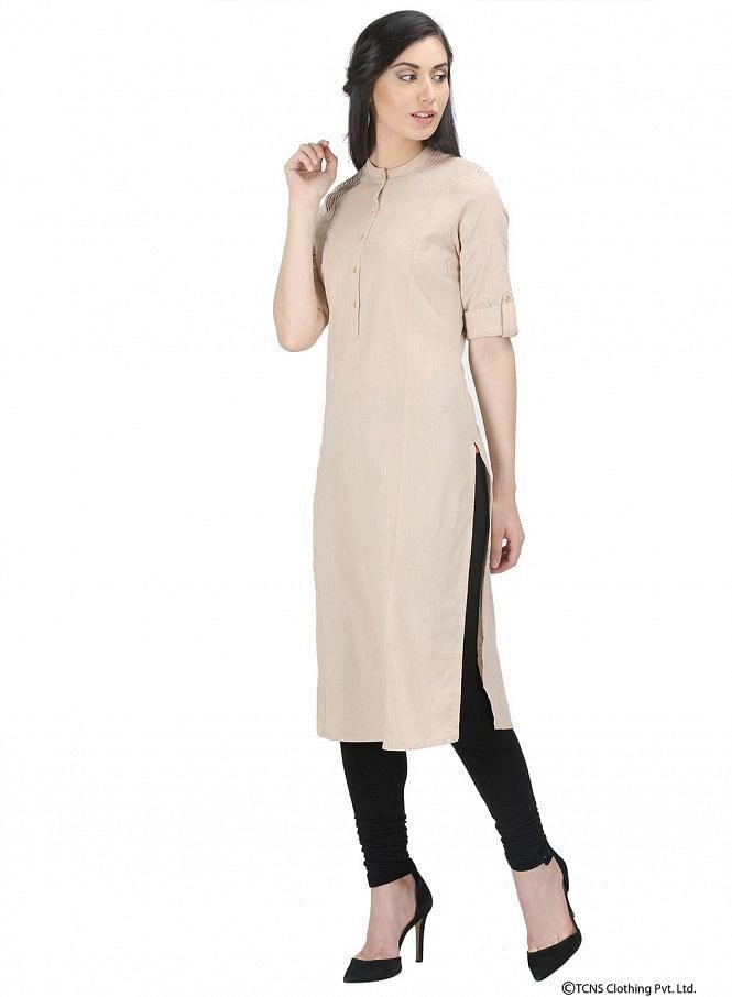 Beige 3/4 Sleeve Mandarin Neck kurta - wforwoman