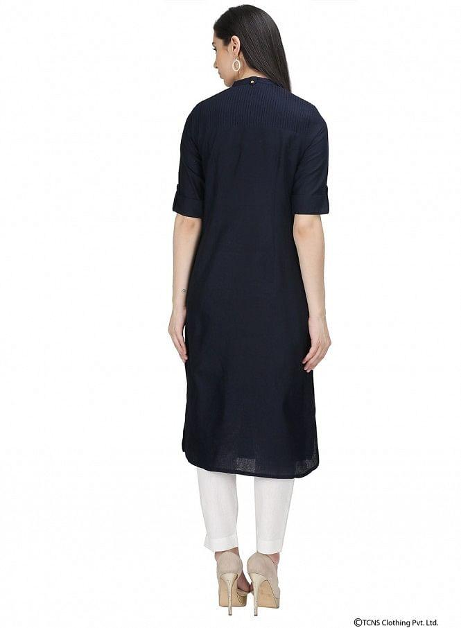 Blue 3/4 Sleeve Mandarin Neck kurta - wforwoman