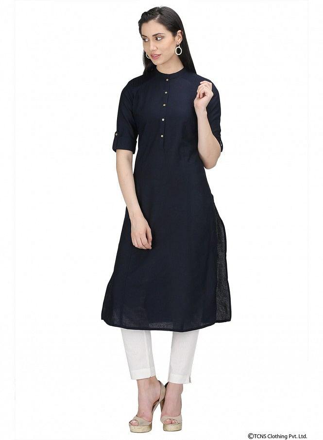 Blue 3/4 Sleeve Mandarin Neck kurta - wforwoman