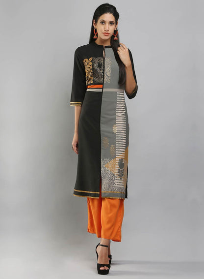 Black &amp; Grey Colorblocked Printed kurta - wforwoman