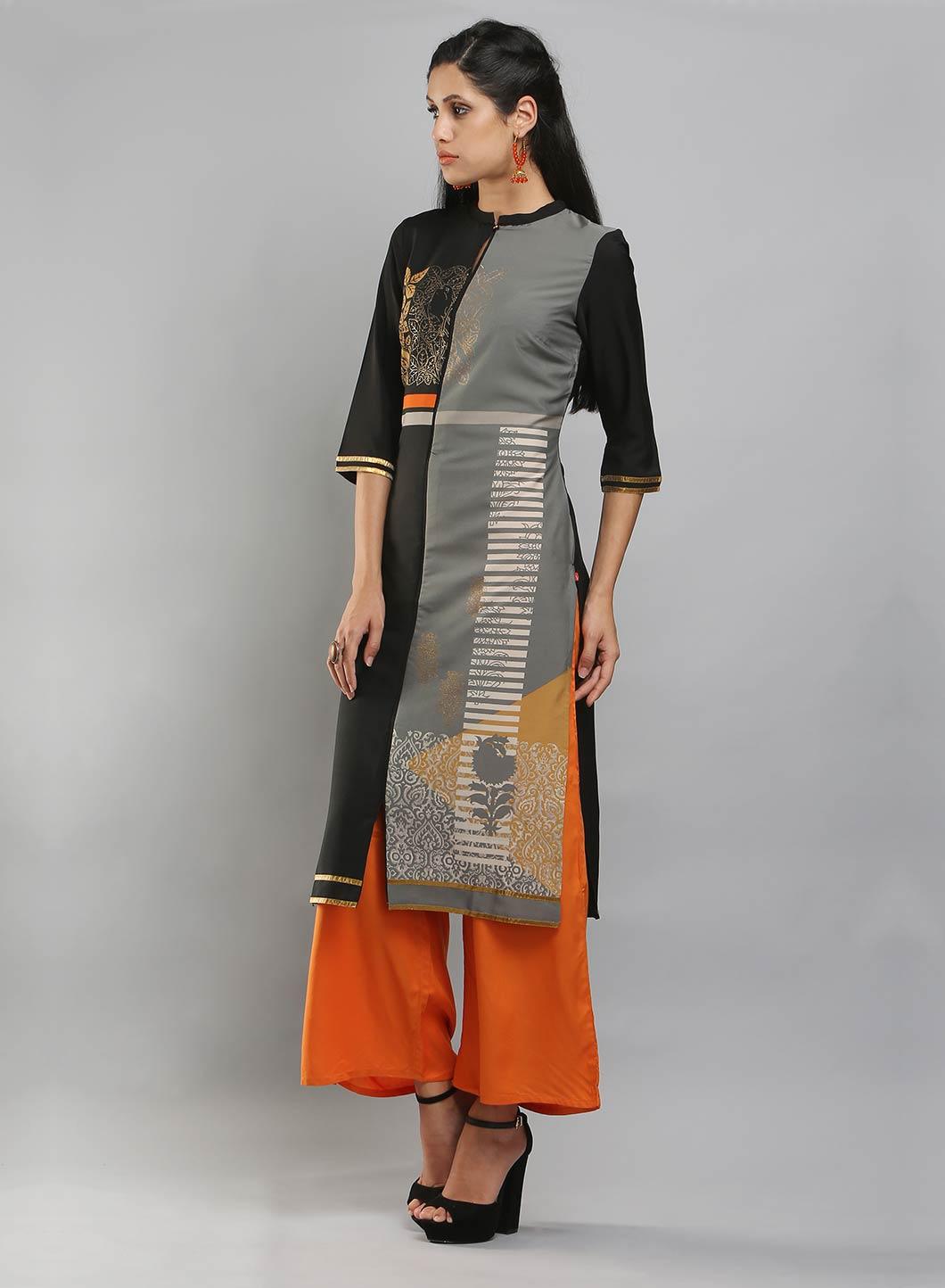 Black &amp; Grey Colorblocked Printed kurta - wforwoman