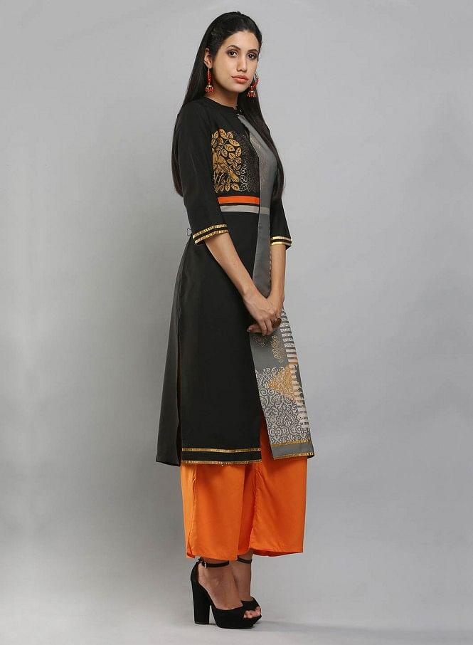 Black &amp; Grey Colorblocked Printed kurta - wforwoman