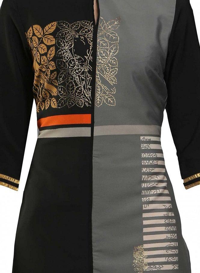 Black &amp; Grey Colorblocked Printed kurta - wforwoman