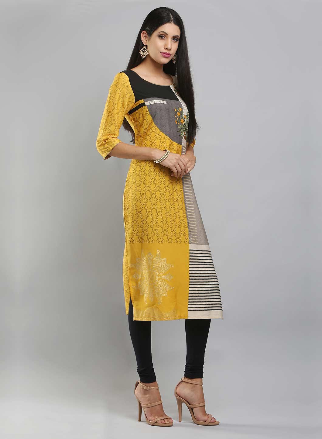 Yellow &amp; Grey Colorblocked Printed kurta - wforwoman