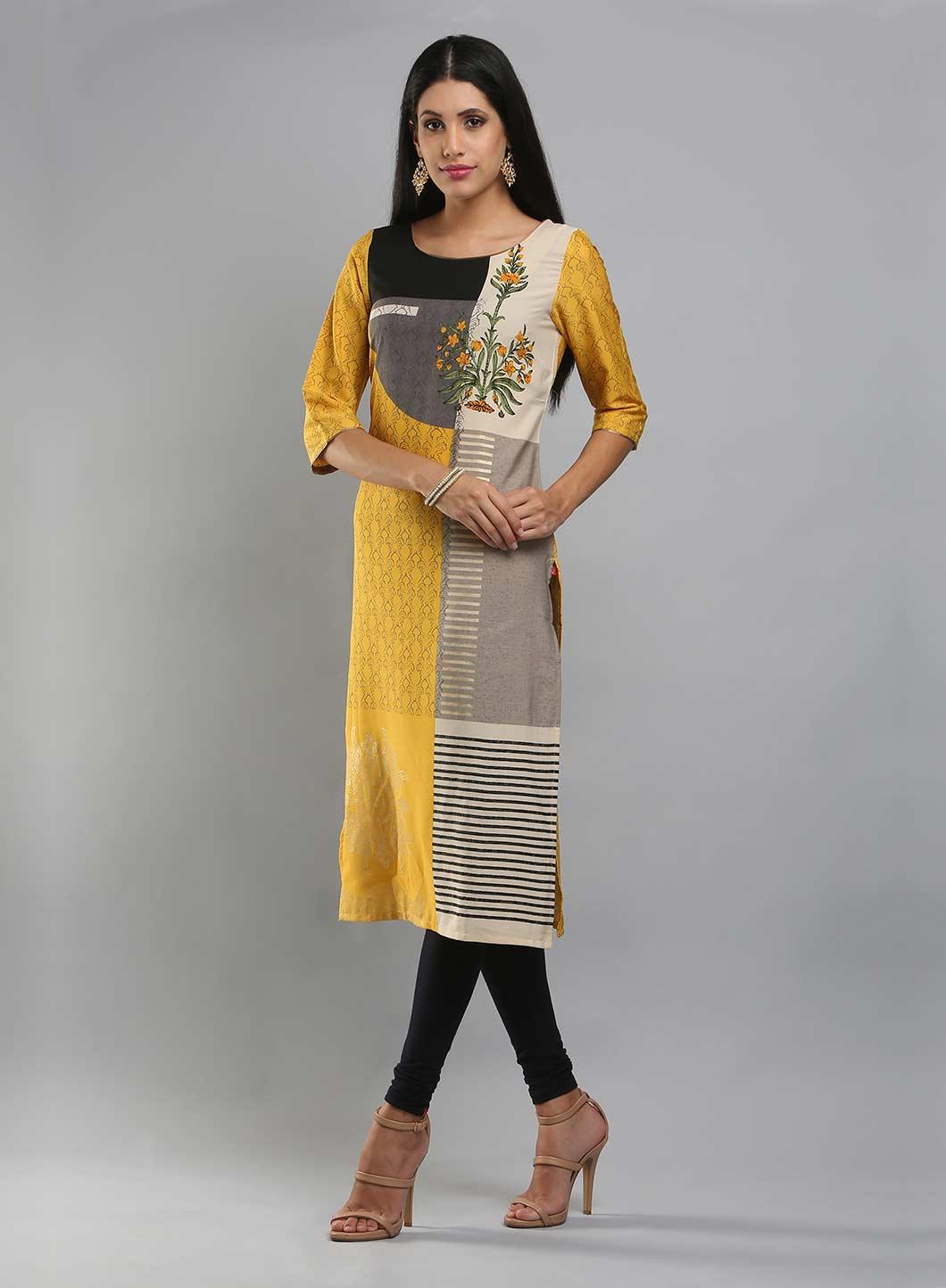 Yellow &amp; Grey Colorblocked Printed kurta - wforwoman