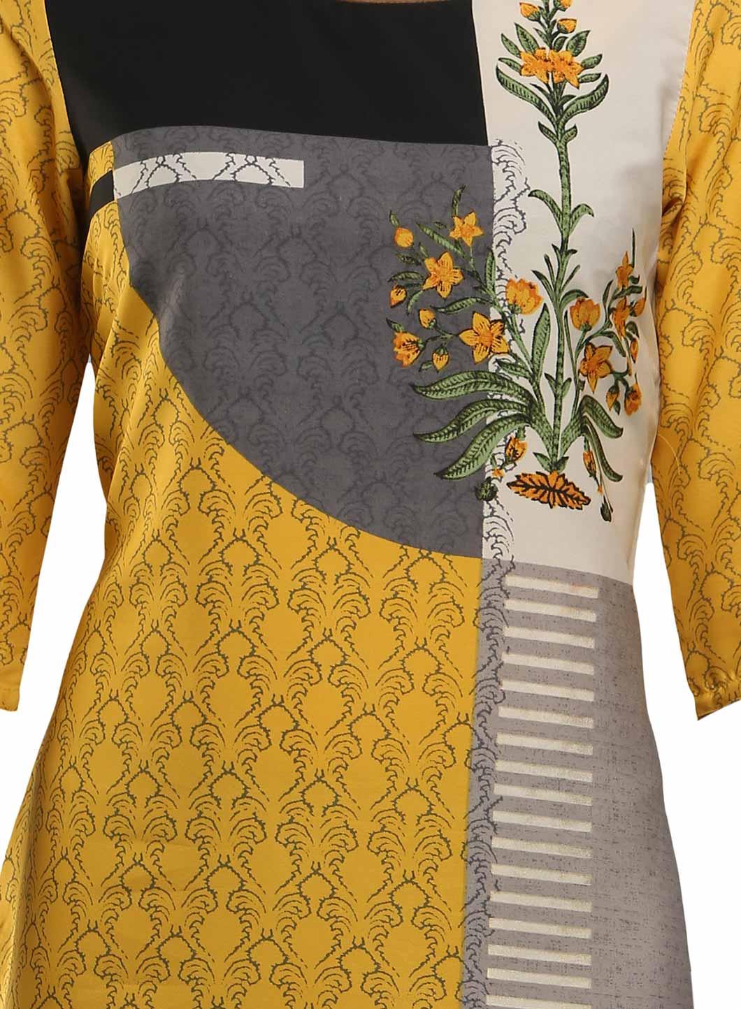 Yellow &amp; Grey Colorblocked Printed kurta - wforwoman