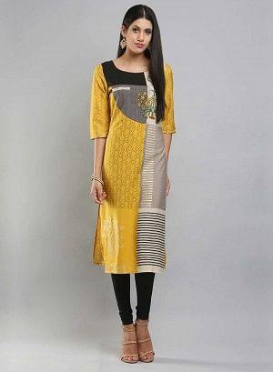 Yellow &amp; Grey Colorblocked Printed kurta - wforwoman