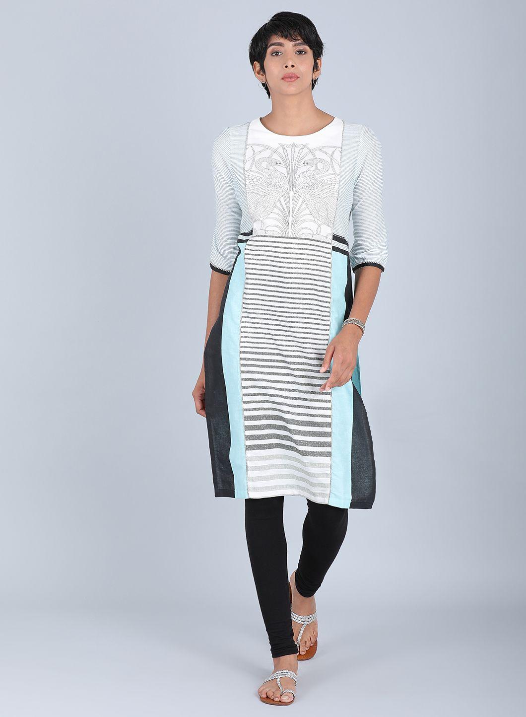 White Round Neck Printed kurta - wforwoman