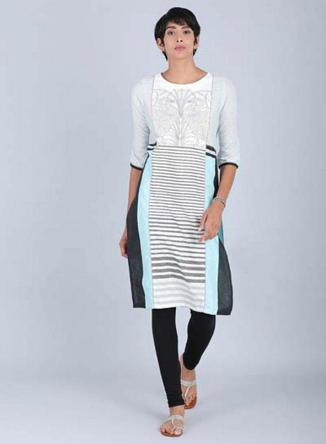 White Round Neck Printed kurta - wforwoman