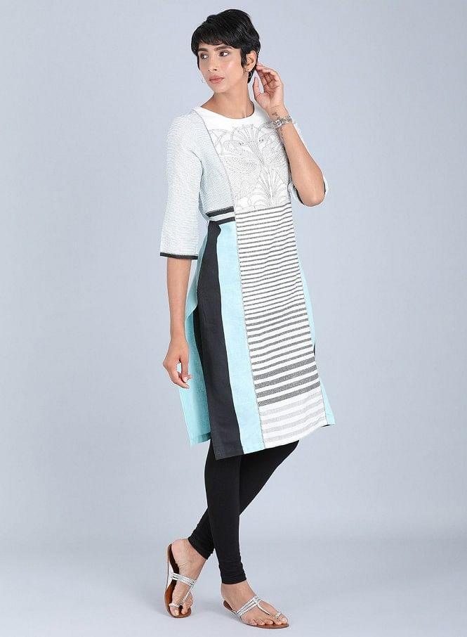 White Round Neck Printed kurta - wforwoman