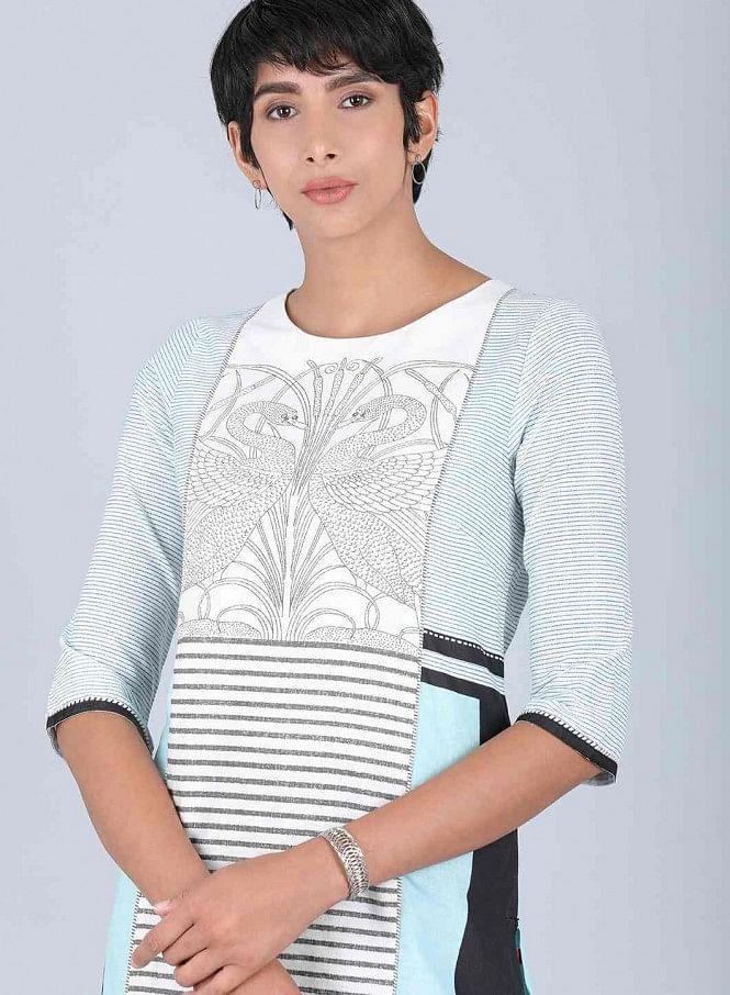 White Round Neck Printed kurta - wforwoman