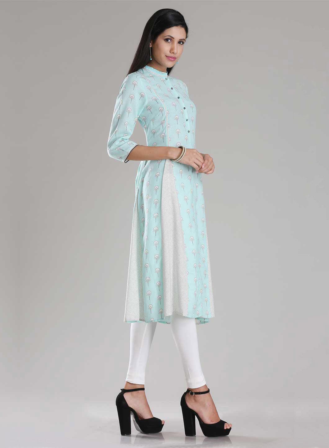 Sky Blue Mandarin Neck Printed kurta - wforwoman