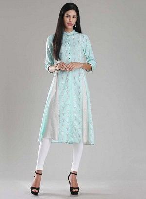 Sky Blue Mandarin Neck Printed kurta - wforwoman