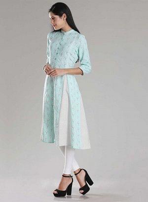 Sky Blue Mandarin Neck Printed kurta - wforwoman