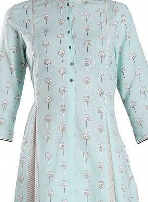 Sky Blue Mandarin Neck Printed kurta - wforwoman