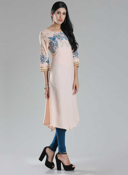 Peach-coloured Boat Neck Printed kurta - wforwoman