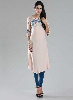 Peach-coloured Boat Neck Printed kurta - wforwoman