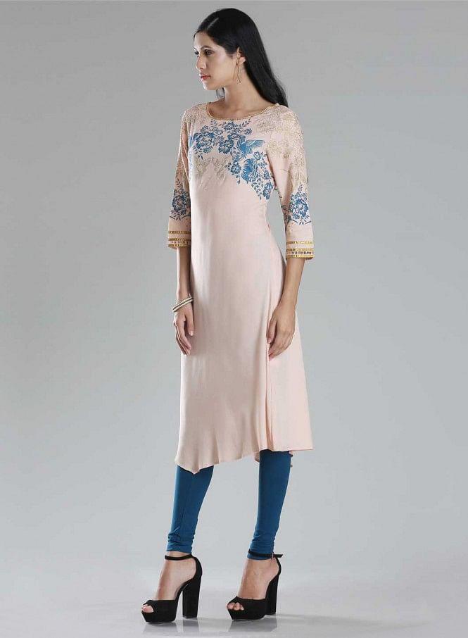 Peach-coloured Boat Neck Printed kurta - wforwoman