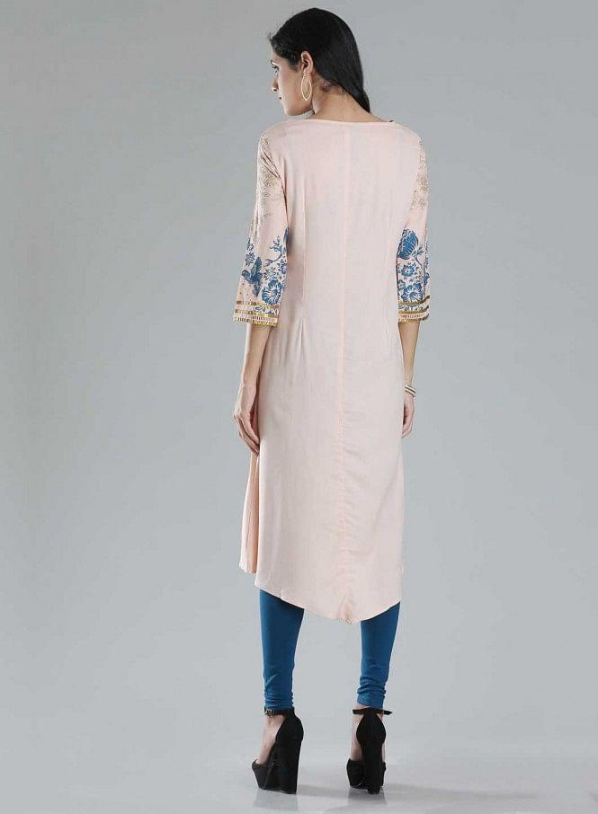 Peach-coloured Boat Neck Printed kurta - wforwoman