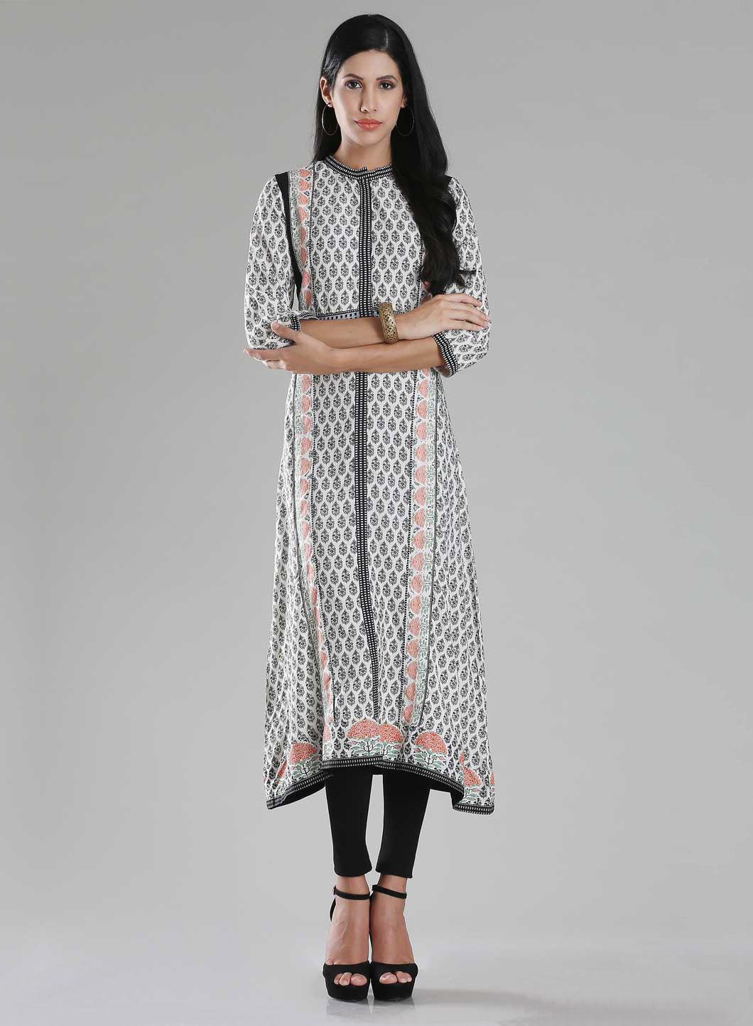 White Printed Mandarin Neck kurta - wforwoman