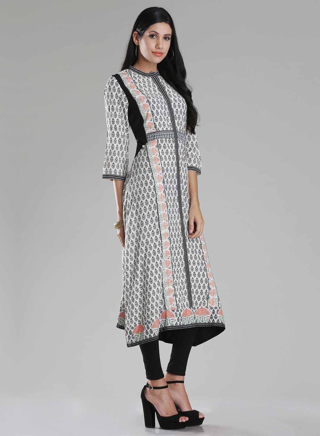 White Printed Mandarin Neck kurta - wforwoman