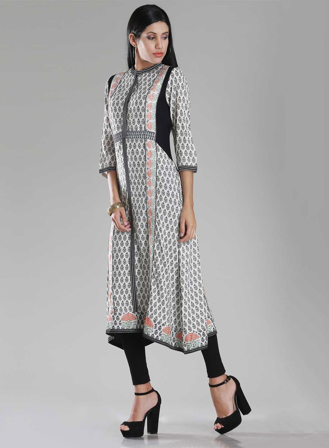 White Printed Mandarin Neck kurta - wforwoman