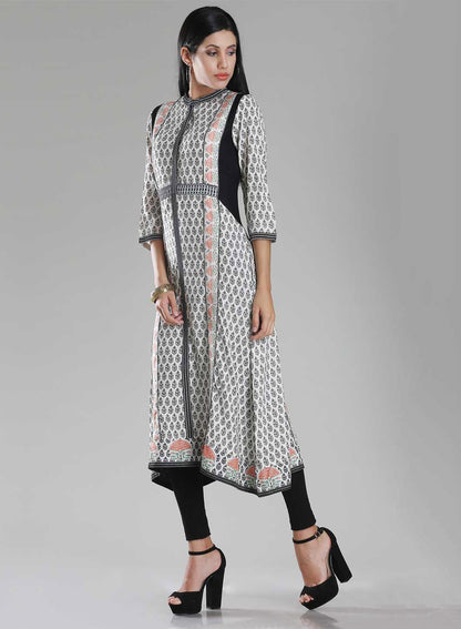 White Printed Mandarin Neck kurta - wforwoman